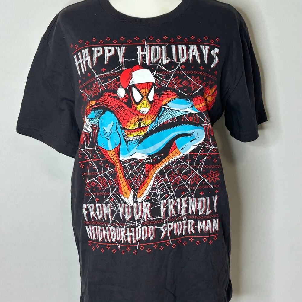 Marvel Spider-Man Happy Holidays Christmas Graphic TShirt Black Men’s Medium NWT